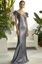 Dunkelgraues, langes, formelles Etuikleid mit V-Ausschnitt und 3D-Blumen