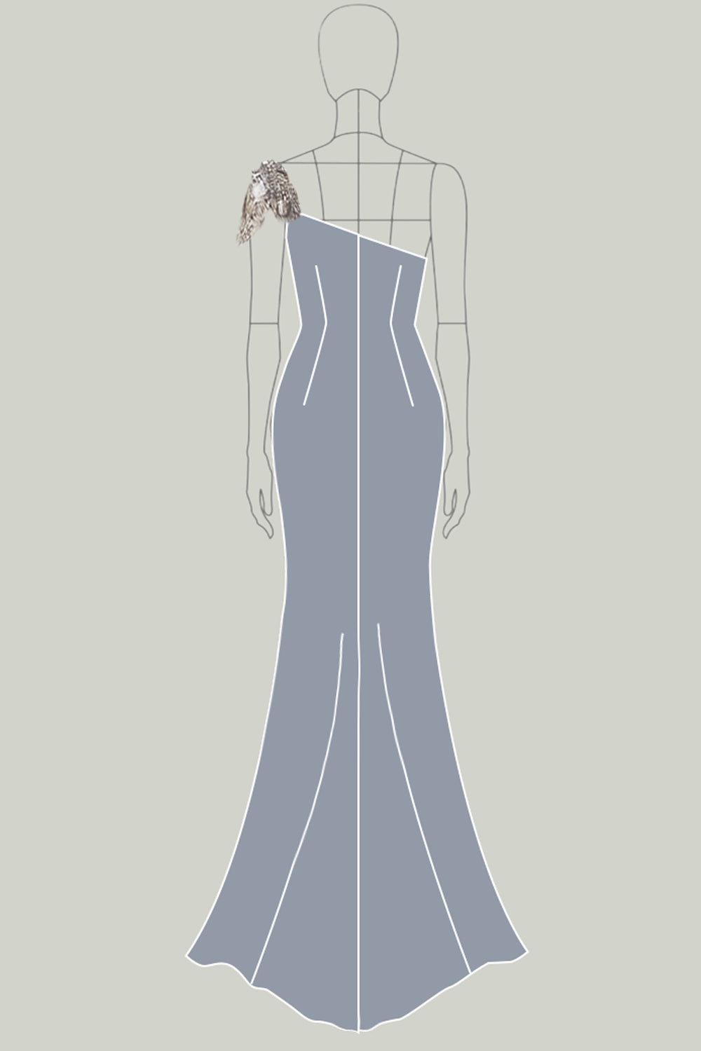 Langes Abendkleid aus dunkelgrauem Satin mit einer Schulter und 3D-Blumen