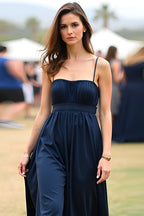 Marineblaues, gerüschtes langes Hochzeitsgastkleid in A-Linie