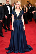 Glitzerndes, marineblaues, perlenbesetztes A-Linien-Galakleid mit V-Ausschnitt