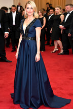 Glitzerndes, marineblaues, perlenbesetztes A-Linien-Galakleid mit V-Ausschnitt