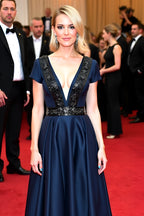 Glitzerndes, marineblaues, perlenbesetztes A-Linien-Galakleid mit V-Ausschnitt