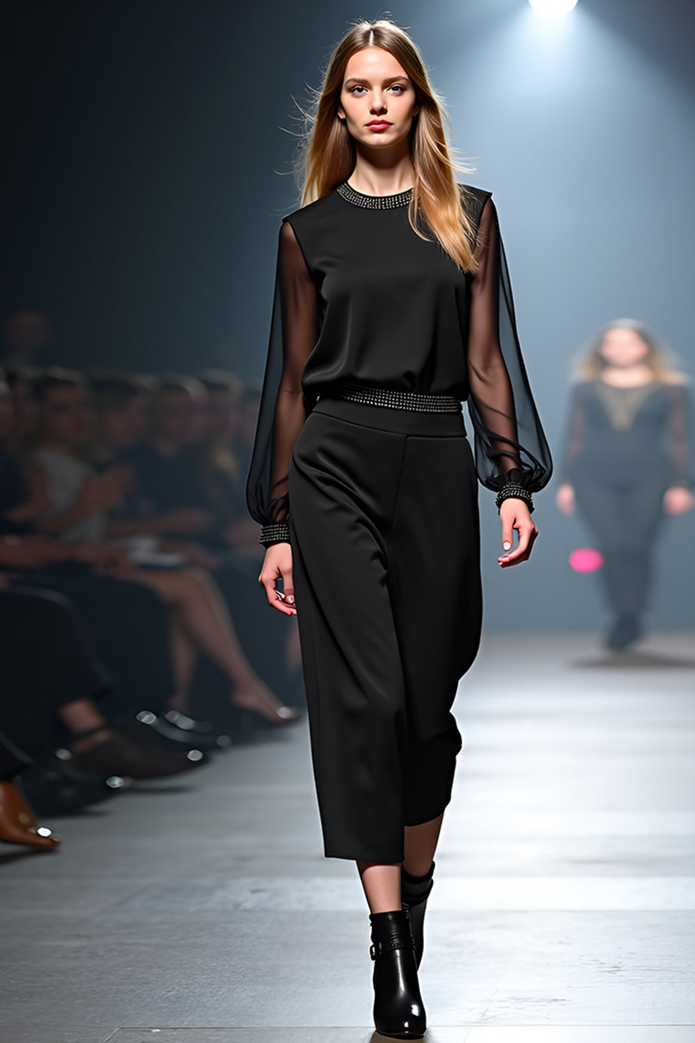 Macacão preto casual fashion com mangas em chiffon