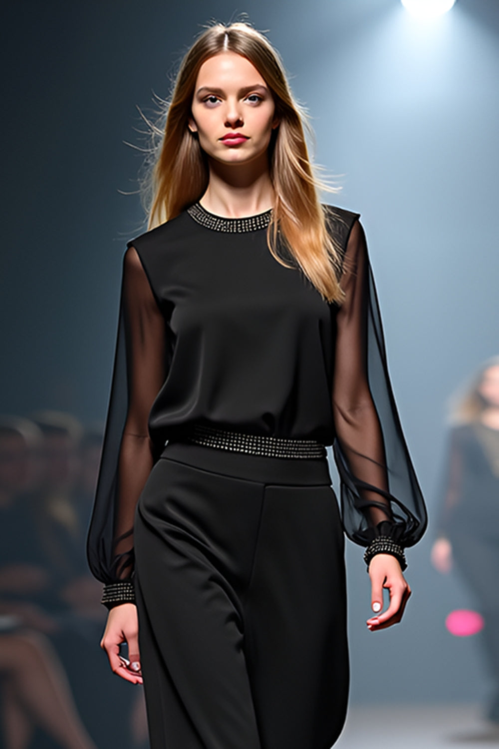 Macacão preto casual fashion com mangas em chiffon