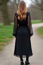 Vestido de cerimónia preto com mangas em chiffon e corte A
