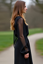 Vestido de cerimónia preto com mangas em chiffon e corte A