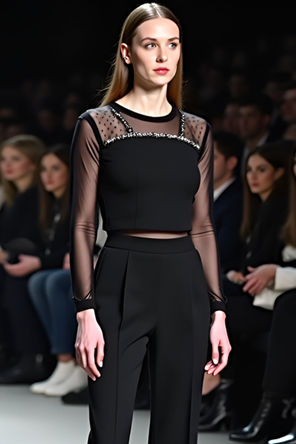 Conjunto de duas peças de blusa e calças flare pretas de malha sexy