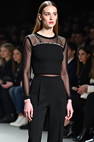 Black Mesh Sexy Tops Flared Pants Two-Piece Set