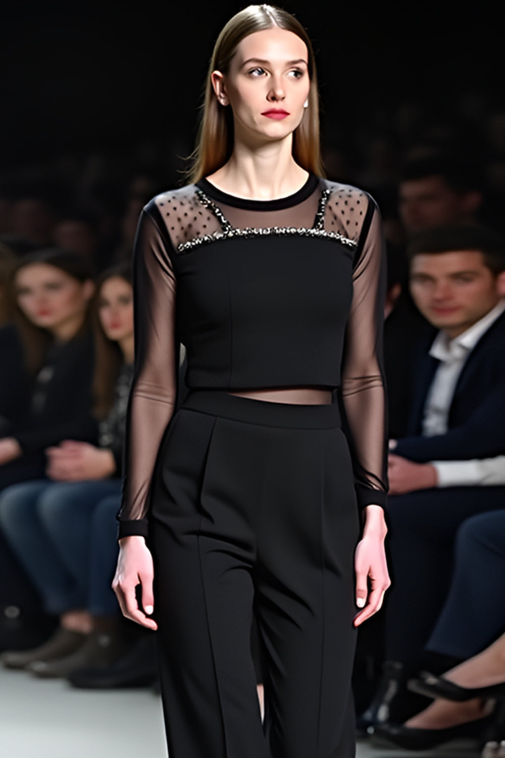 Conjunto de duas peças de blusa e calças flare pretas de malha sexy