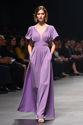 Purple V-Neck A Line Long Wedding Guest Dress with Short Sleeves
