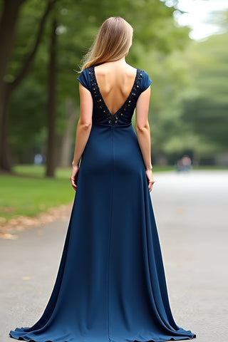 Langes A-Linien-Kleid für die Brautmutter in Marineblau mit V-Ausschnitt und Flügelärmeln