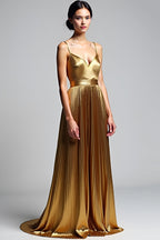 Langes Hochzeitsgastkleid in Metallic-Gold in A-Linie