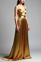 Langes Hochzeitsgastkleid in Metallic-Gold in A-Linie