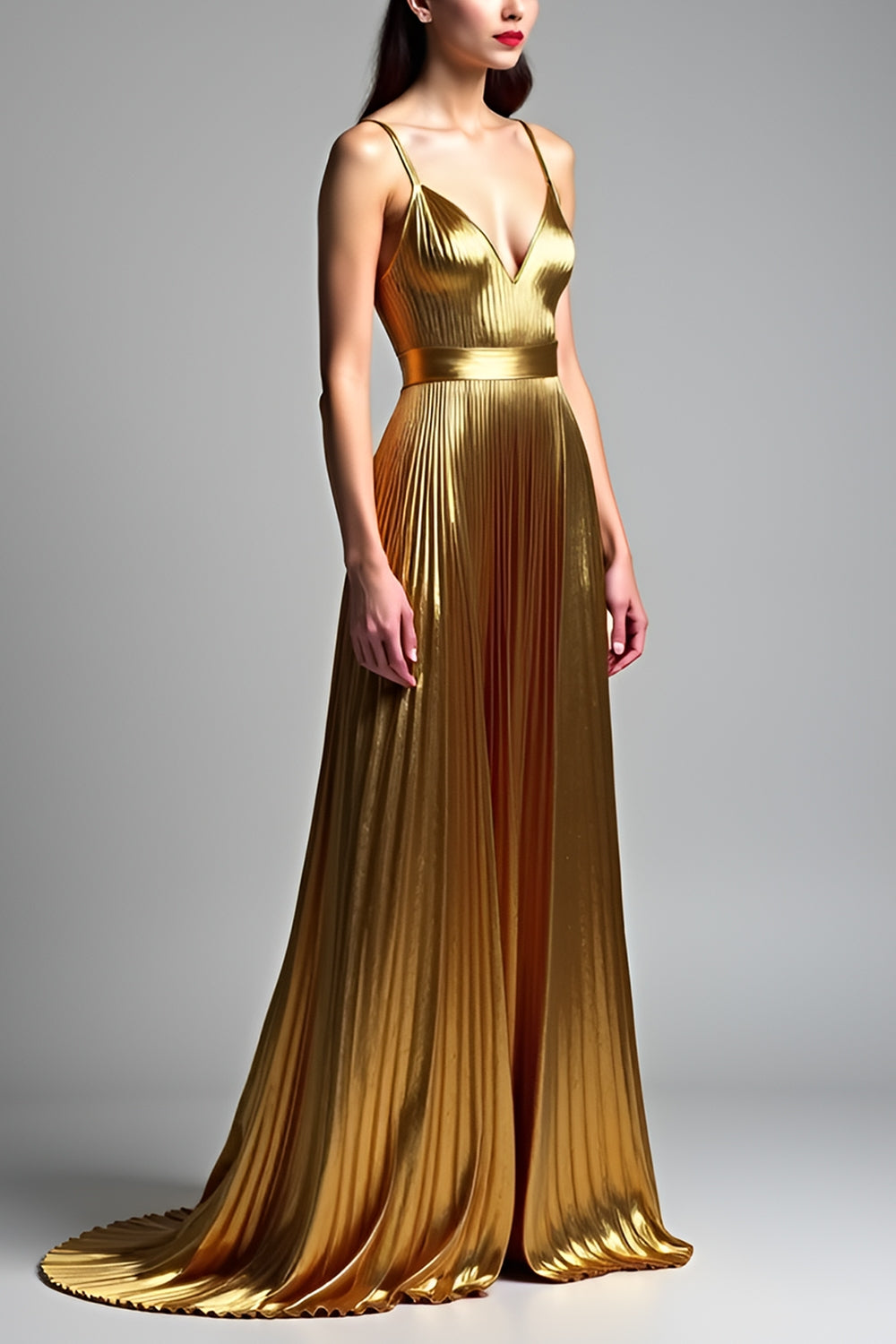 Langes Hochzeitsgastkleid in Metallic-Gold in A-Linie