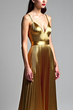 Langes Hochzeitsgastkleid in Metallic-Gold in A-Linie