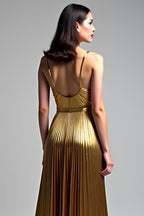 Langes Hochzeitsgastkleid in Metallic-Gold in A-Linie