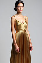 Langes Hochzeitsgastkleid in Metallic-Gold in A-Linie