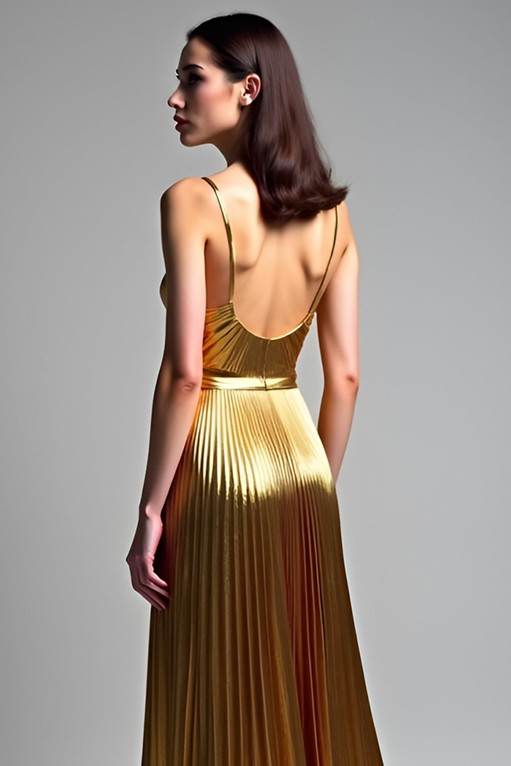 Langes Hochzeitsgastkleid in Metallic-Gold in A-Linie