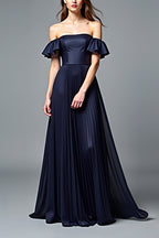 Off the Shoulder Pleated Navy A Line Formal Dress with Ruffles