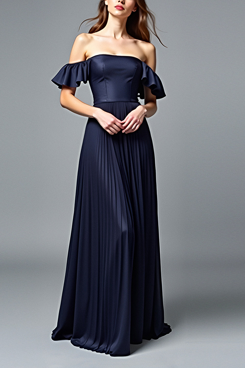 Off the Shoulder Pleated Navy A Line Formal Dress with Ruffles