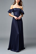 Off the Shoulder Pleated Navy A Line Formal Dress with Ruffles