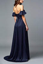 Off the Shoulder Pleated Navy A Line Formal Dress with Ruffles