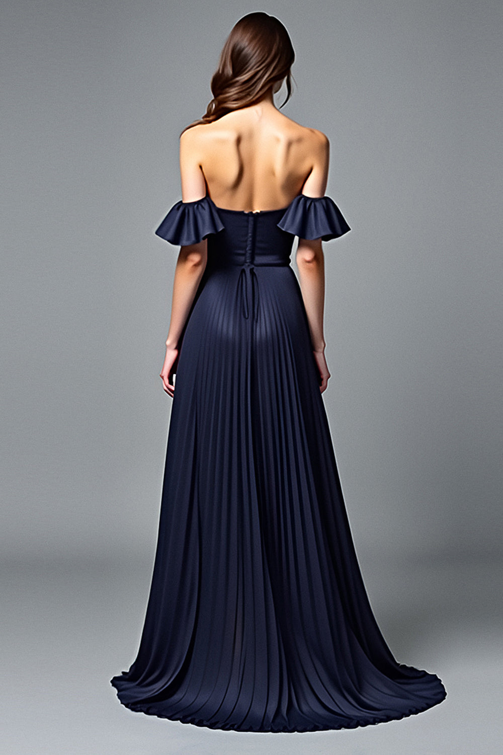 Off the Shoulder Pleated Navy A Line Formal Dress with Ruffles