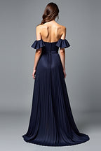 Off the Shoulder Pleated Navy A Line Formal Dress with Ruffles