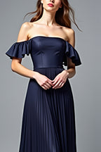 Off the Shoulder Pleated Navy A Line Formal Dress with Ruffles