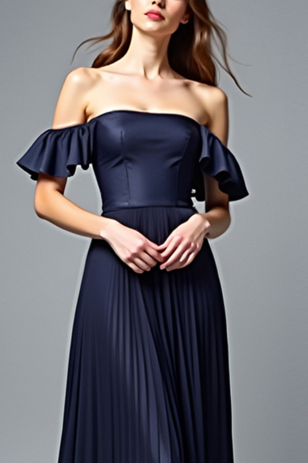 Off the Shoulder Pleated Navy A Line Formal Dress with Ruffles