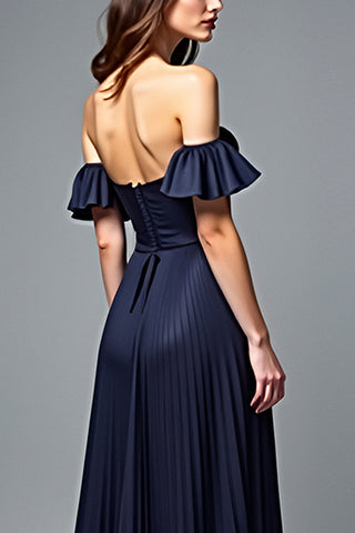 Off the Shoulder Pleated Navy A Line Formal Dress with Ruffles
