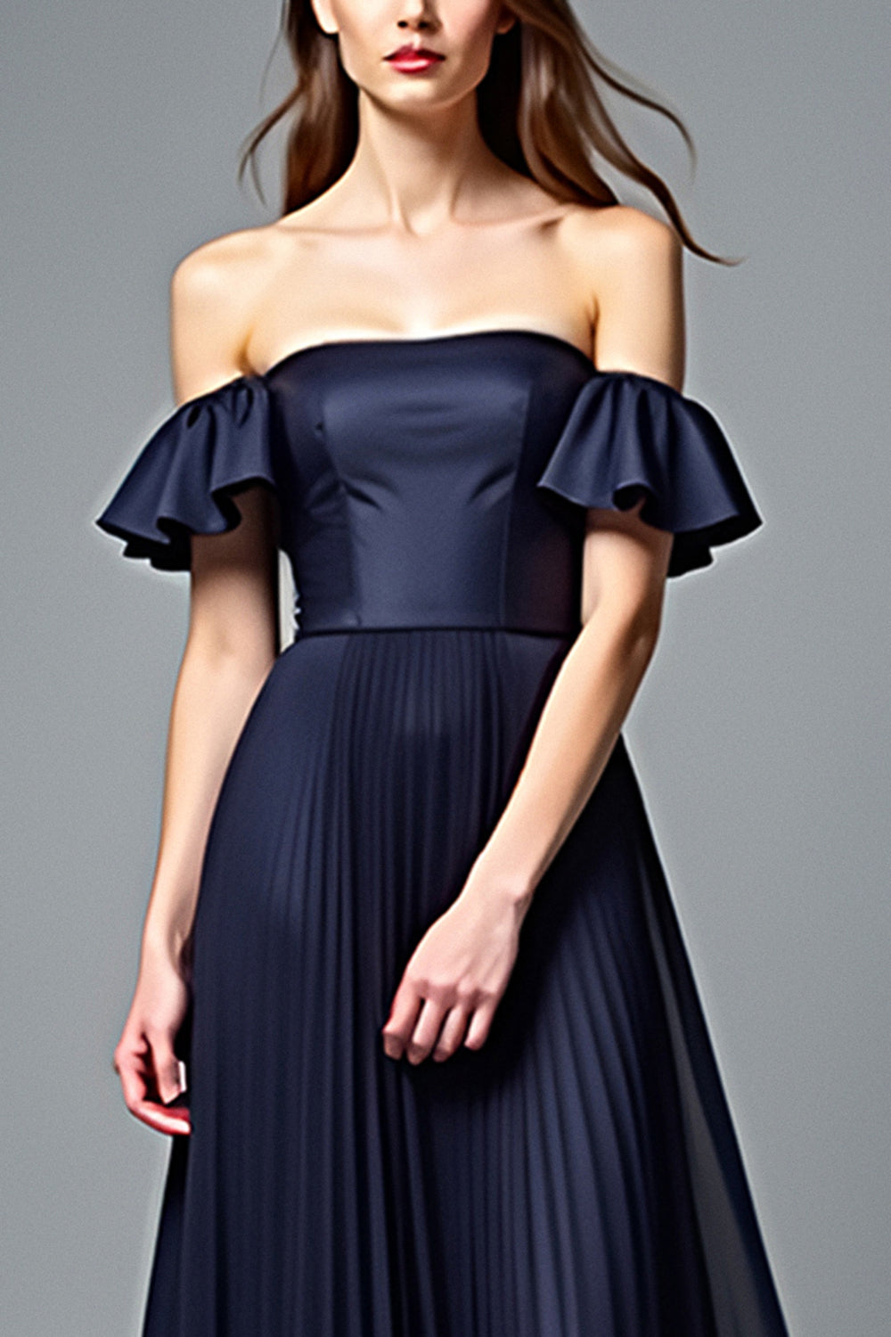 Off the Shoulder Pleated Navy A Line Formal Dress with Ruffles