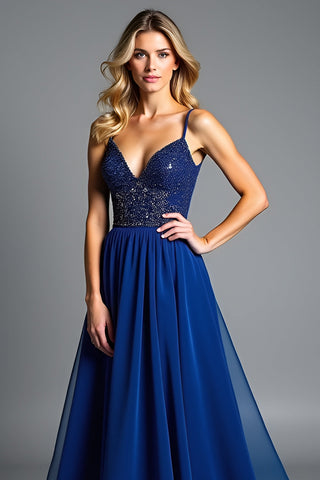 A Line Royal Blue Ruched Long Wedding Guest Dress