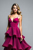 Tiered Asymmetrical Dark Purple V-Neck Formal Dress
