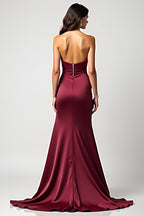 Vestido comprido para convidada de casamento, cor vinho, com folhos e decote em coração