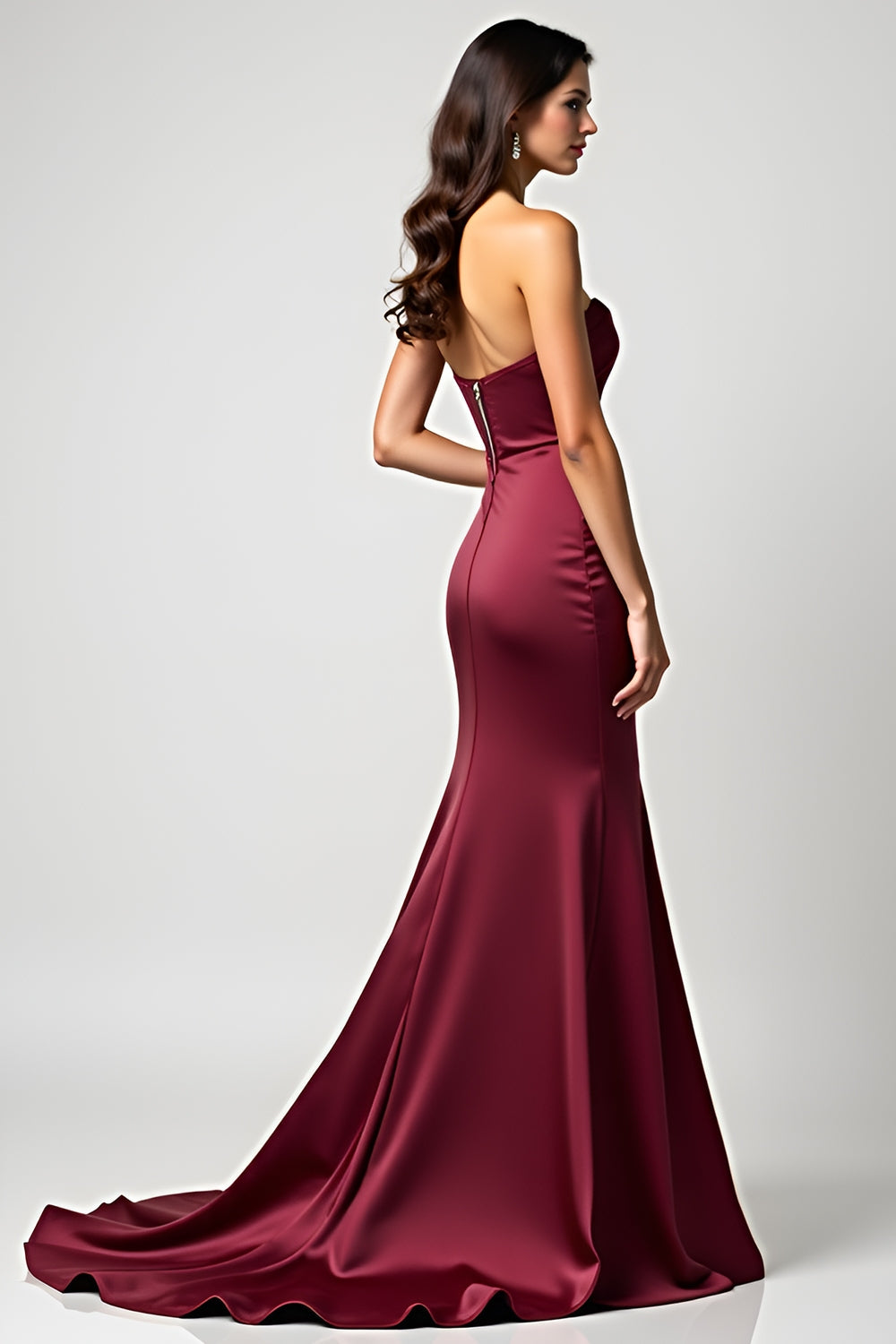 Vestido comprido para convidada de casamento, cor vinho, com folhos e decote em coração