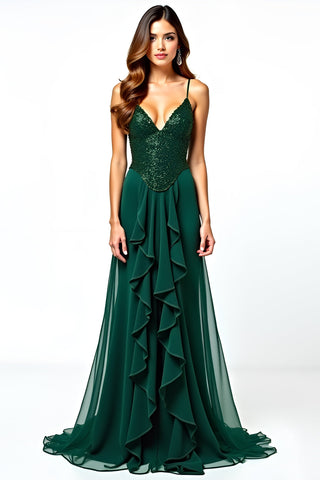 Langes Hochzeitsgastkleid mit V-Ausschnitt, dunkelgrünen Spaghettiträgern und Rüschen