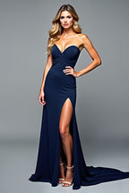 Navy Sweetheart Sheath Long Formal Dress with Slit