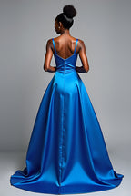 Long Satin Royal Blue V-Neck Formal Dress with Slit
