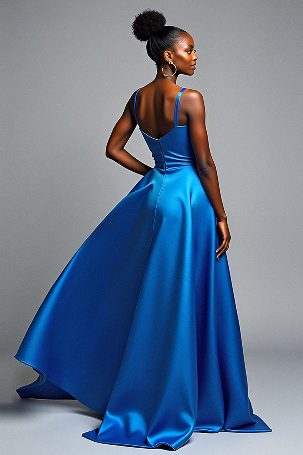 Long Satin Royal Blue V-Neck Formal Dress with Slit