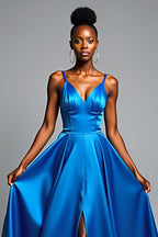 Long Satin Royal Blue V-Neck Formal Dress with Slit