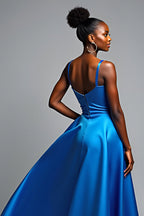 Long Satin Royal Blue V-Neck Formal Dress with Slit