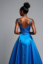 Long Satin Royal Blue V-Neck Formal Dress with Slit