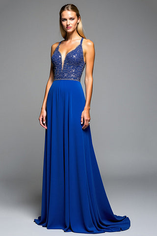 A-Linie, langes, königsblaues Chiffon-Ballkleid mit Perlen