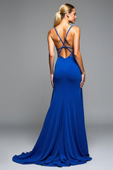 A Line Long Chiffon Royal Blue Formal Dress with Beading