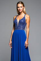A Line Long Chiffon Royal Blue Formal Dress with Beading