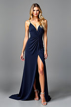 Long Ruched Navy V-Neck Formal Dress with Slit