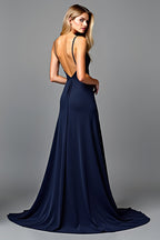 Long Ruched Navy V-Neck Formal Dress with Slit