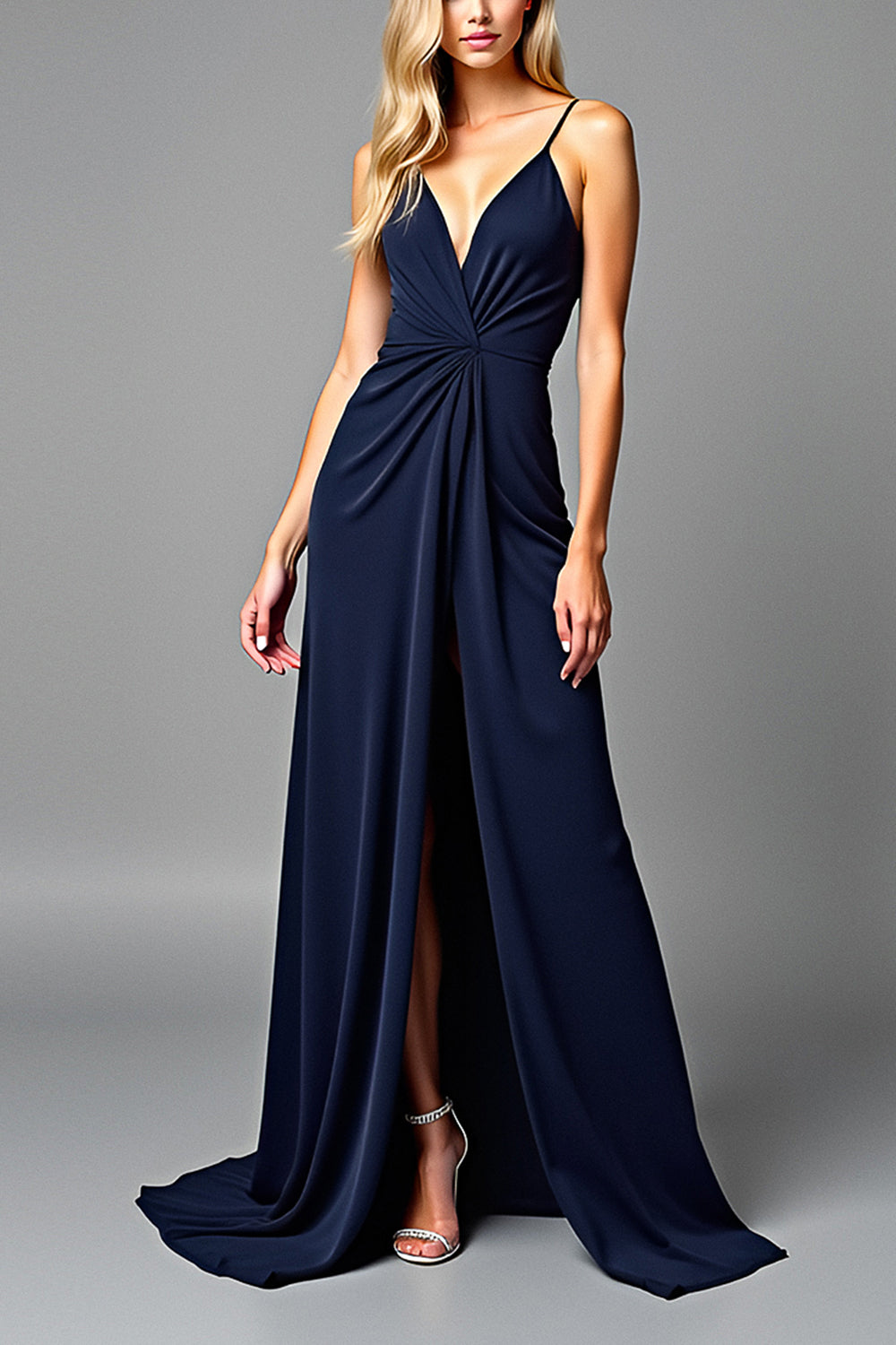 Long Ruched Navy V-Neck Formal Dress with Slit