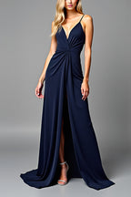 Long Ruched Navy V-Neck Formal Dress with Slit